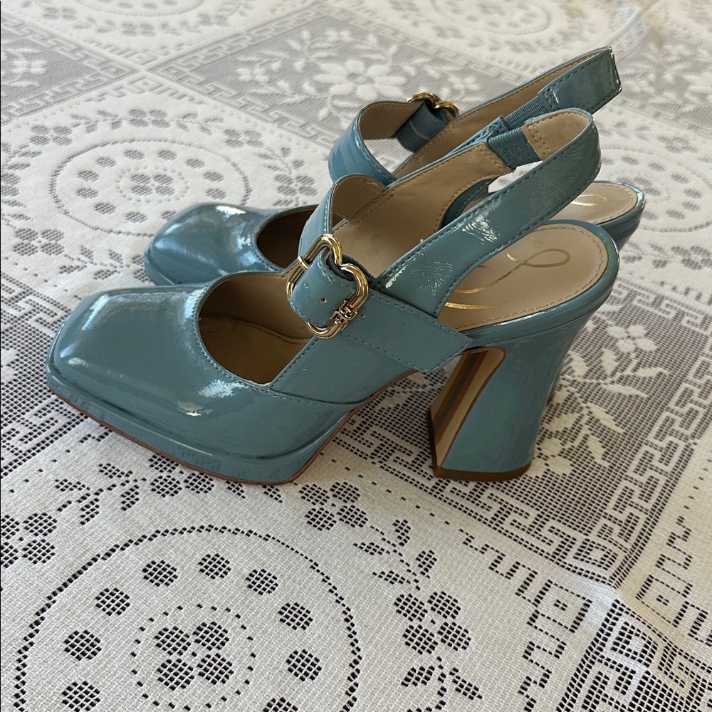 SAM EDELMAN Jildie Slingback Mary Jane Pump Blue Patent Square Toe Block Heel 7 - Picture 3 of 9